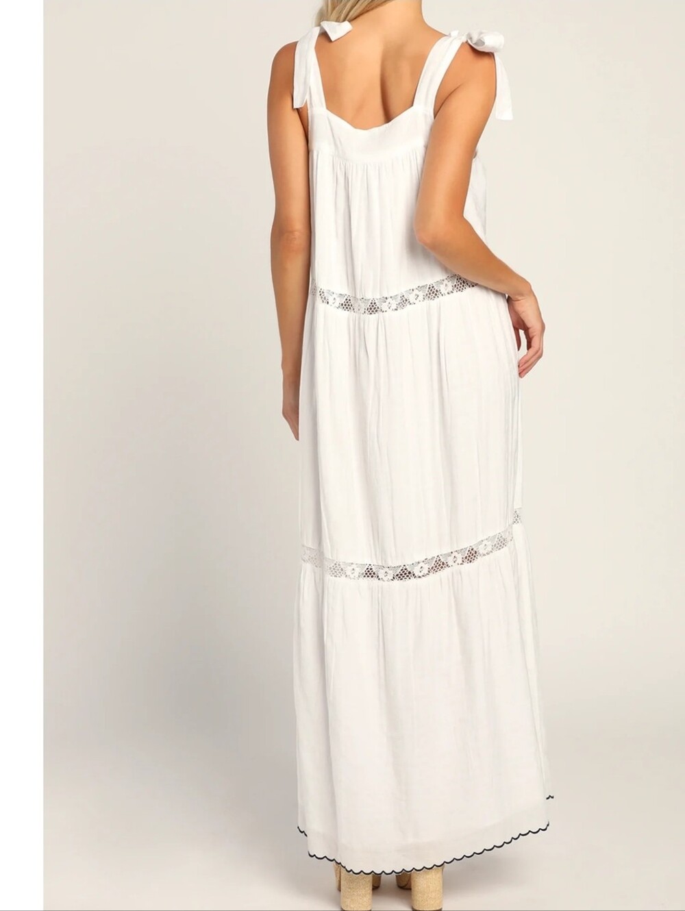 Lulu's White Tie-Shoulder Lace-Trim Maxi Dress Size S New - Picture 3 of 16